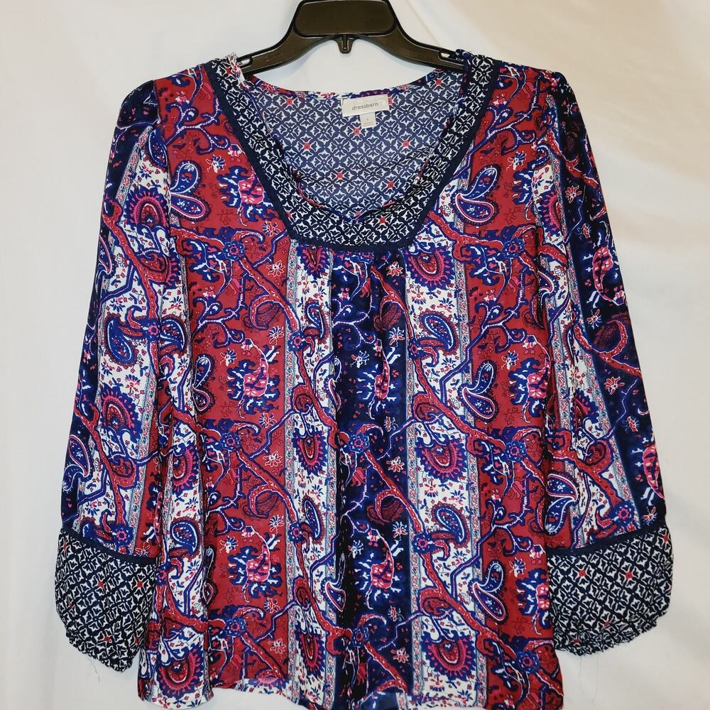 Dress Barn blue and red paisley floral mixed print blouse Size L Boho Retro